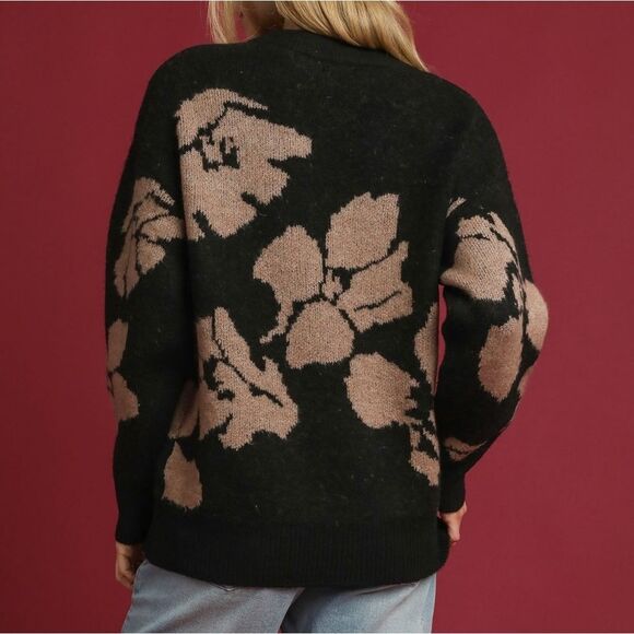 Umgee Floral Long Sleeve Sweater Floral Pattern Sweater Black/ Taupe Sz S M L - Picture 2 of 6